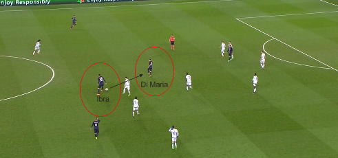 Ibrahimovic dan Di Maria berada di tengah, untuk membangun skema serangan yang menghasilkan gol Cavani.