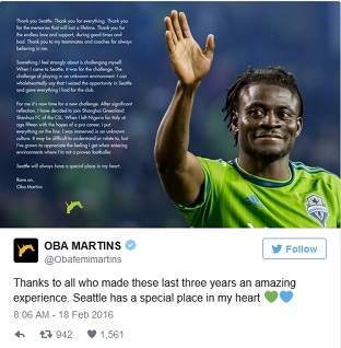 Ucapan perpisahan Obafemi Martins kepada penggemar Sounders 